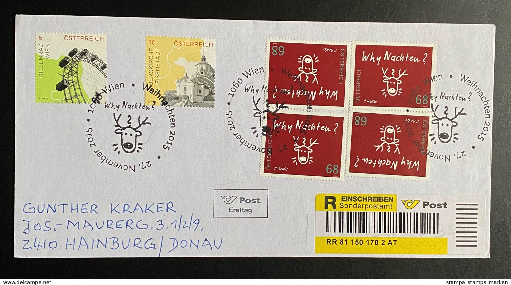 Österreich 2015 WEIHNACHTEN Mi. 3242 (4x), 3183, 3184 Auf R-Brief, FDC Gestempelt/o WIEN SONDERSTEMPEL - Storia Postale