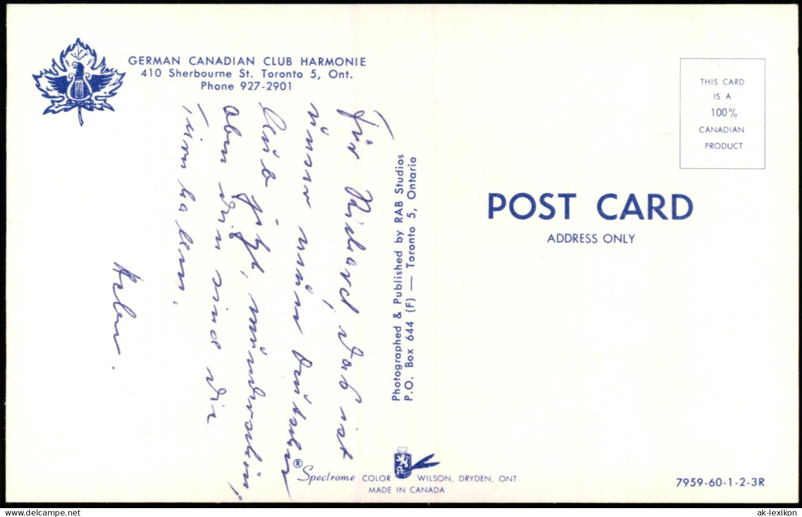 Postcard Toronto GERMAN CANADIAN CLUB HARMONIE 410 Sherbourne 1960 - Andere & Zonder Classificatie