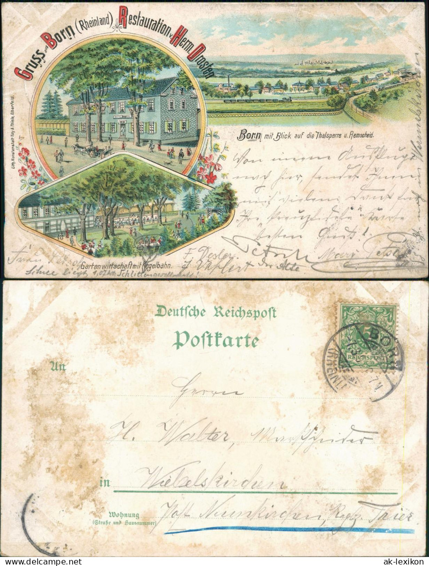 Litho AK Bergisch Born-Remscheid Restauration  Drosten, Dampflok Talsperre 1897 - Remscheid
