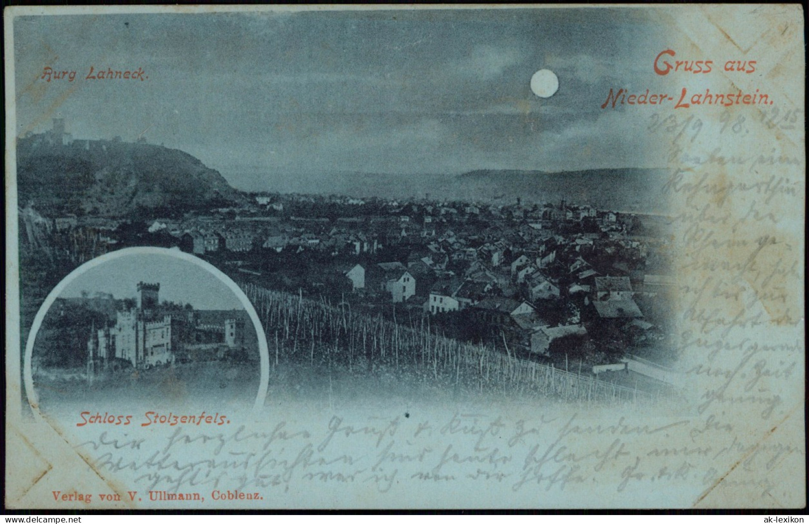 Lahnstein 2 Bild Stolzenfels    Mondscheinlitho 1898  Gel. Bahnpoststempel - Lahnstein