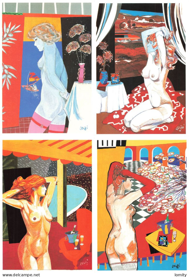 Illustration Illustrateur Marc Lenzi Lot 4 Cartes Postales Femme Nue Quatre Saisons Printemps été Automne Hiver CPM Sein - Lenzi