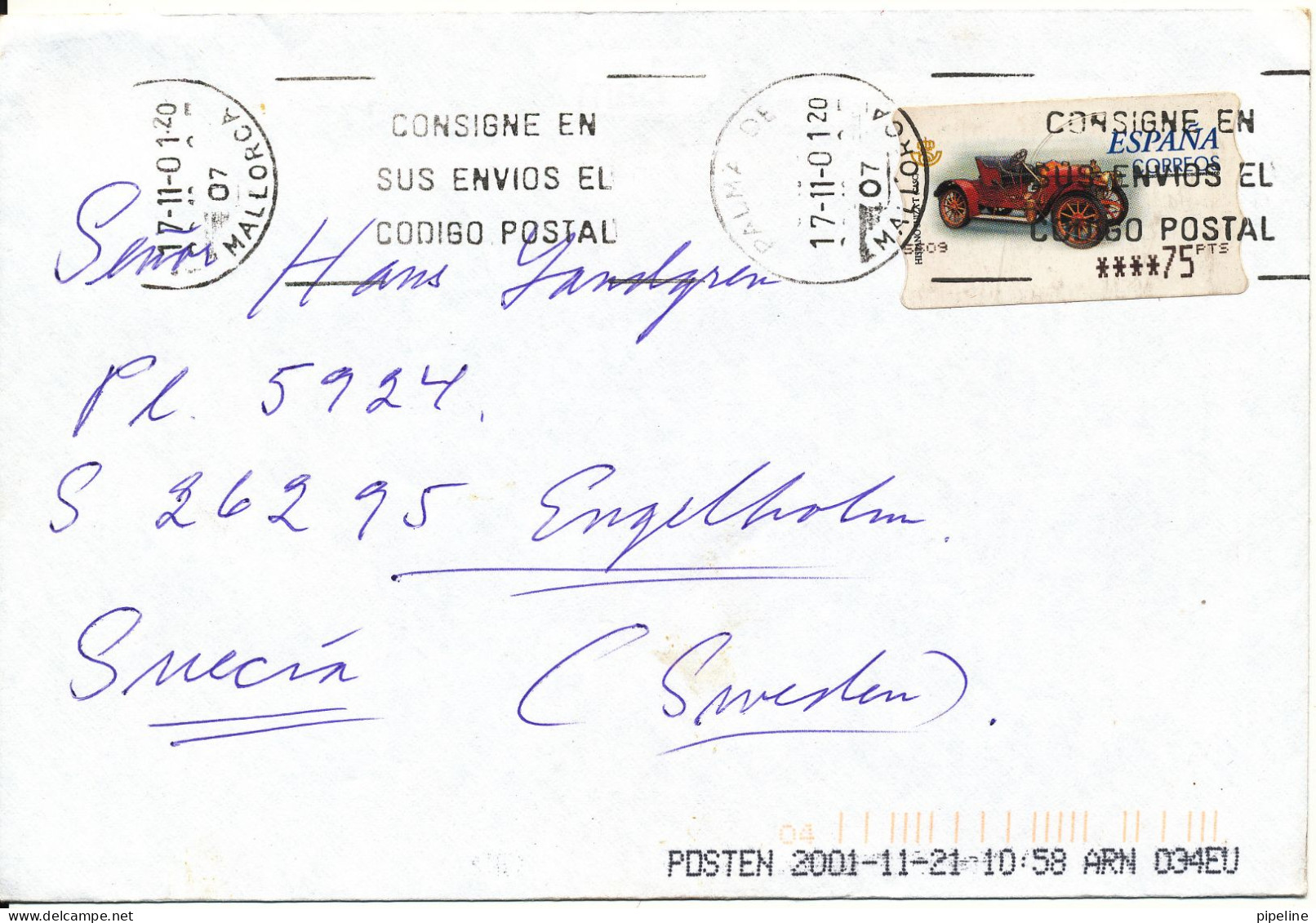 Spain Cover With ATM Label Sent To Sweden 17-11-2001 - Briefe U. Dokumente