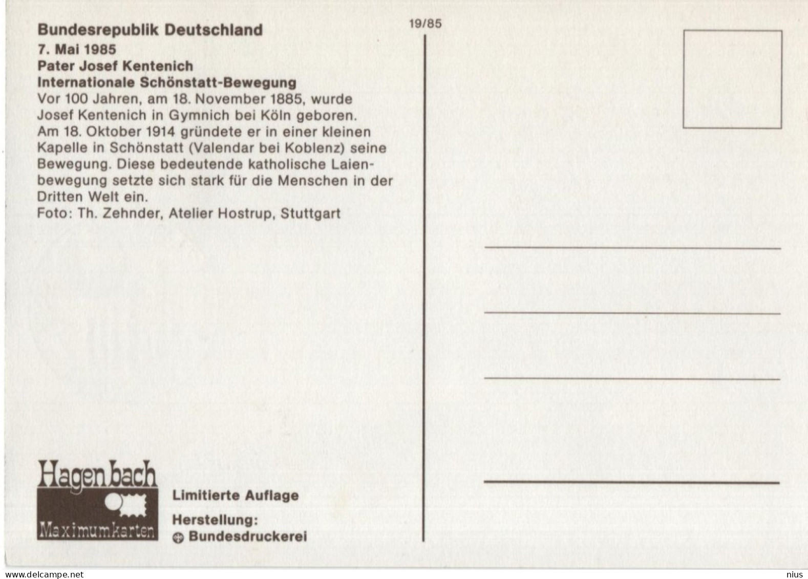 Germany Deutschland 1985 Maximum Card, 100. Geburtstag Von Josef Kentenich, Pallottine Priest, Canceled In Bonn - 1981-2000