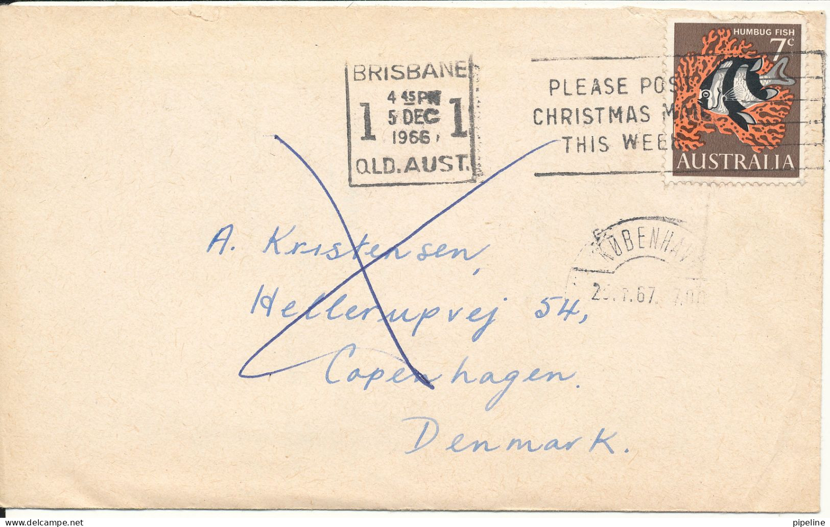 Australia Cover Sent To Denmark Brisbane 5-12-1966 Single Franked FISH - Covers & Documents