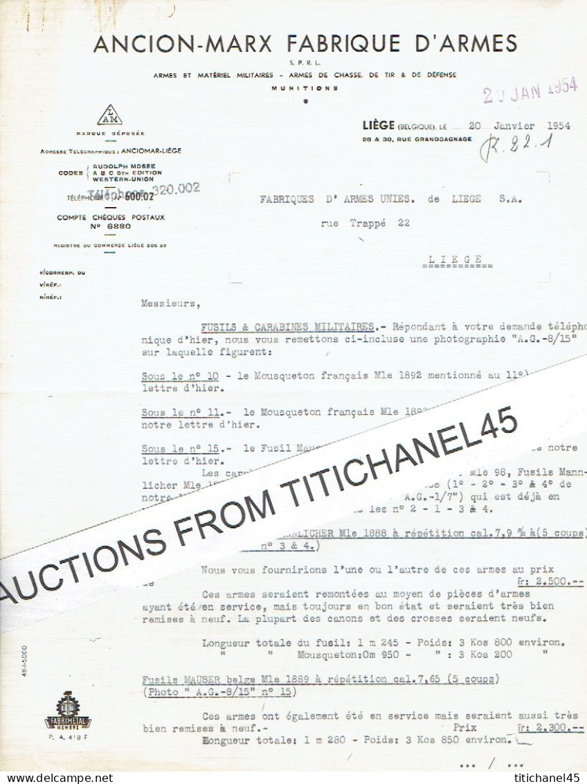 1954 LIEGE - ANCION-MARX FABRIQUE D'ARMES SPRL - ARMES & MUNITIONS - Andere & Zonder Classificatie