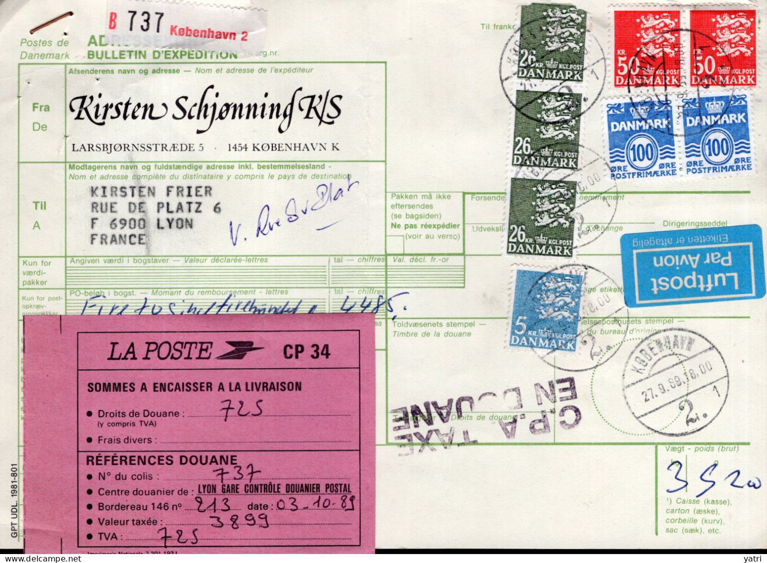 Danimarca (1989) - Bollettino Pacchi Per La Francia - Lettres & Documents