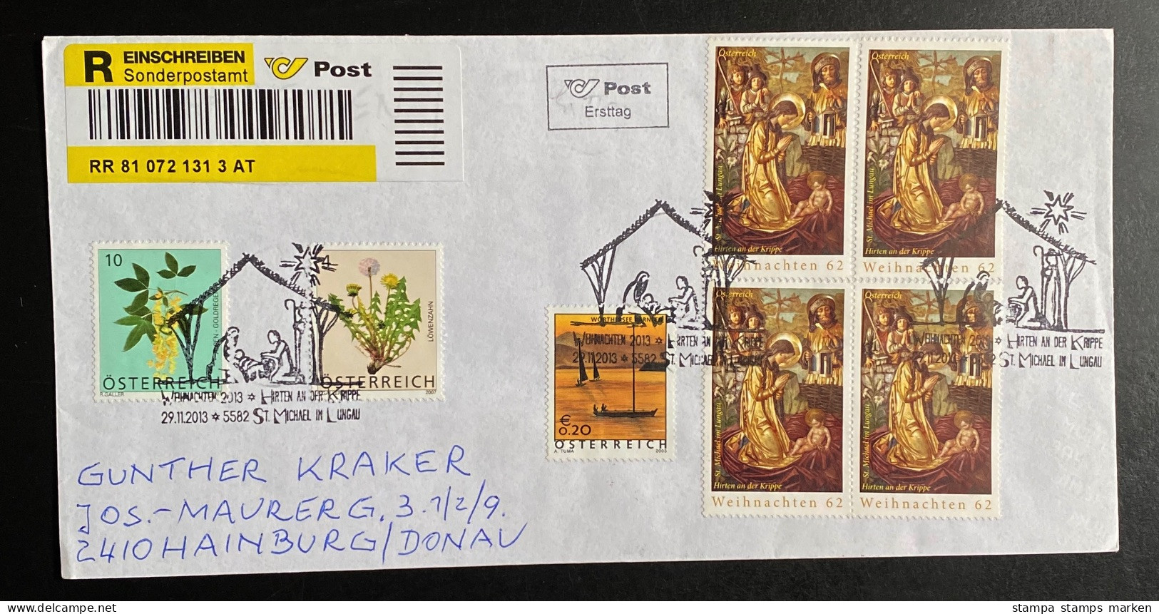 Österreich 2015 WEIHNACHTEN Mi. 3312 VIERERBLOCK, 2678, 2679 2438 Auf R-Brief, FDC SStmpl. ST.MICHAEL LUNGAU - Storia Postale