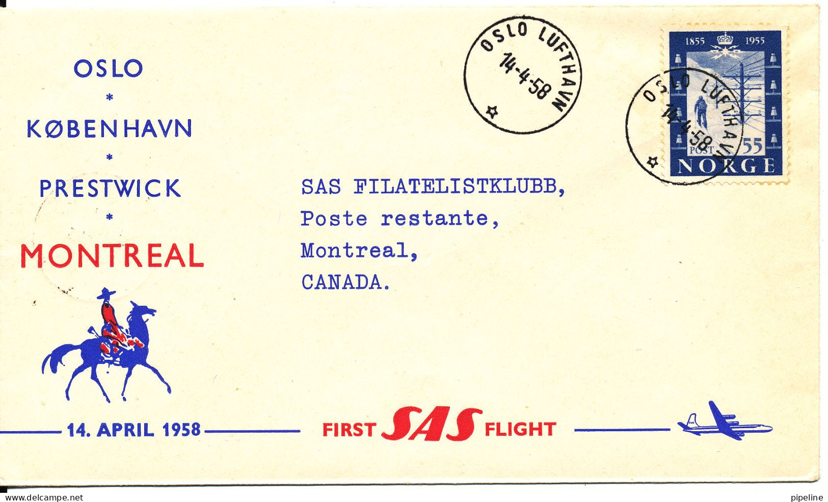 Norway Cover First SAS Flight Oslo - Copenhagen - Prestwick - Montreal 14-4-1958 - Covers & Documents