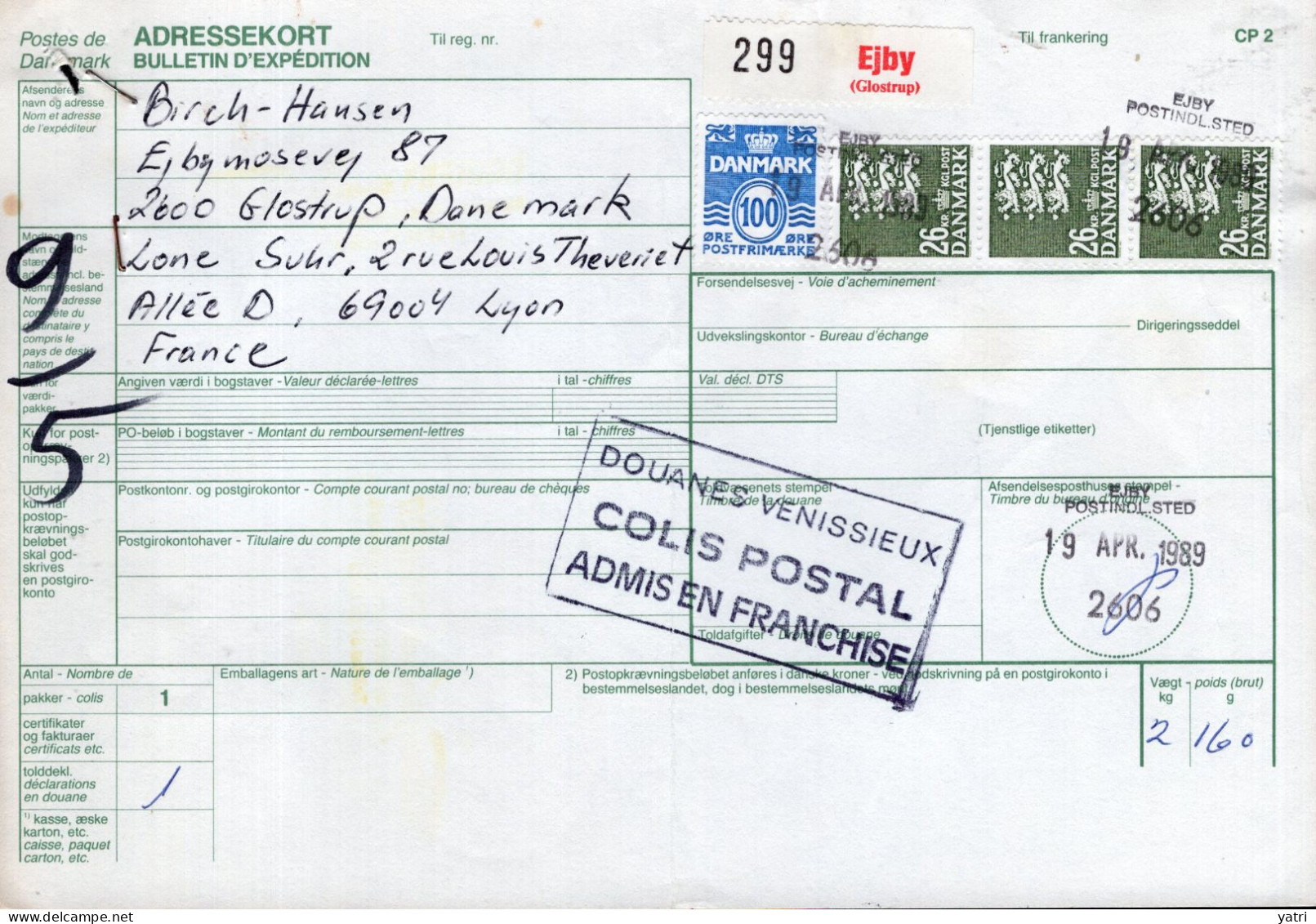 Danimarca (1989) - Bollettino Pacchi Per La Francia - Storia Postale