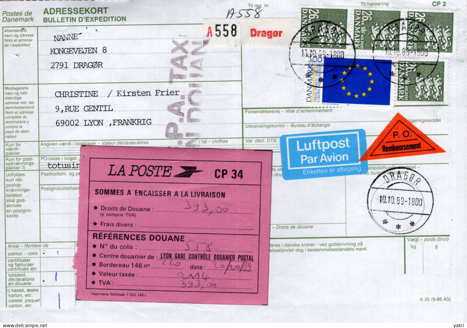 Danimarca (1989) - Bollettino Pacchi Per La Francia - Covers & Documents