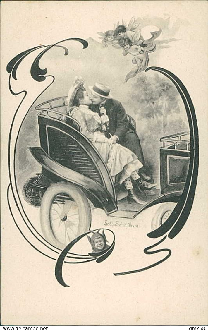 CHARLES SCOLIK SIGNED 1900s POSTCARDS ( 4 ) COUPLE & CAR  (5379) - Scolik, Charles