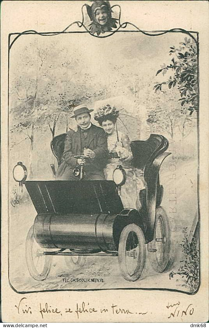 CHARLES SCOLIK SIGNED 1900s POSTCARDS ( 4 ) COUPLE & CAR  (5379) - Scolik, Charles