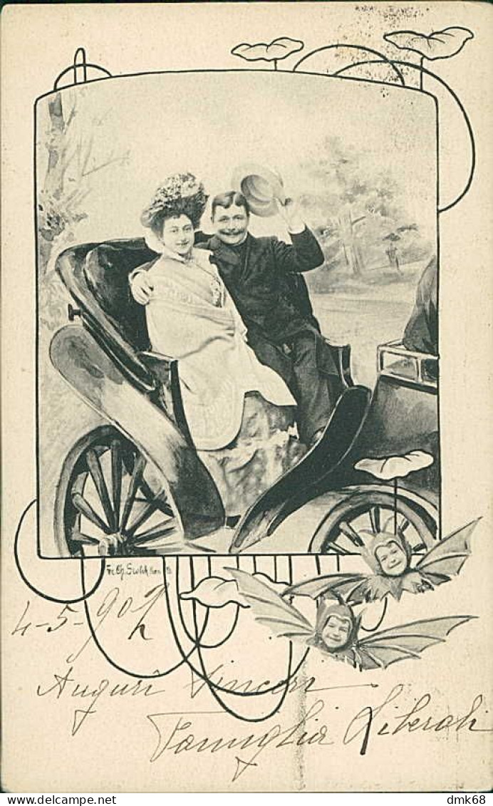 CHARLES SCOLIK SIGNED 1900s POSTCARDS ( 4 ) COUPLE & CAR  (5379) - Scolik, Charles