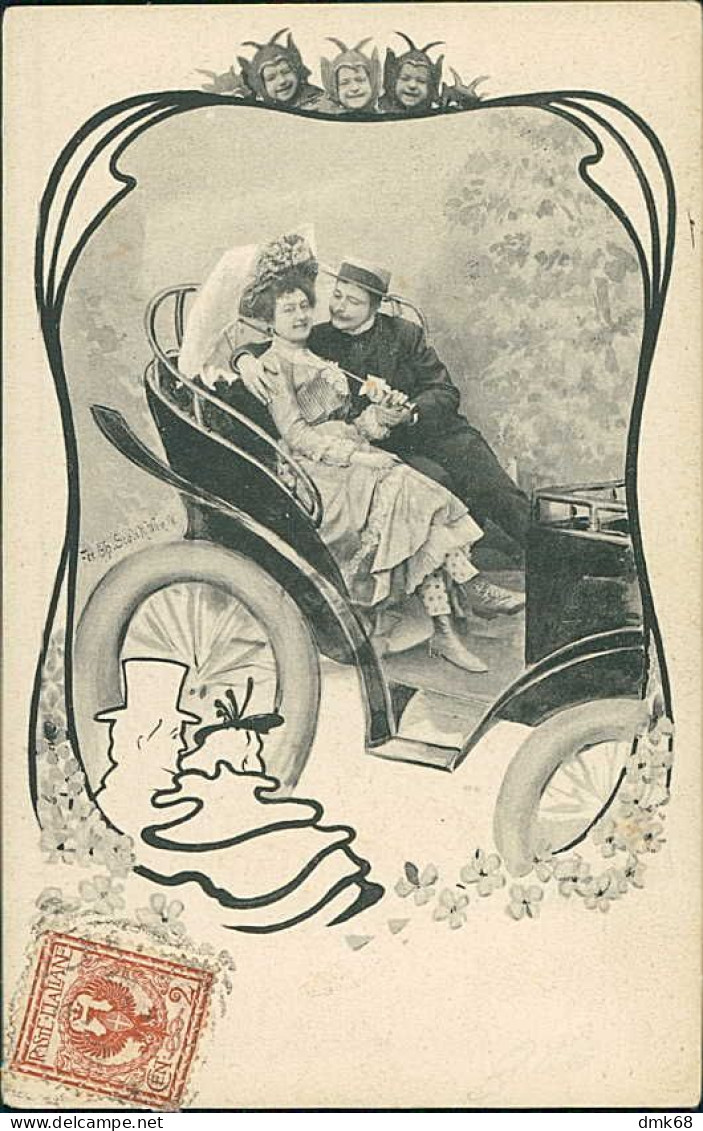 CHARLES SCOLIK SIGNED 1900s POSTCARDS ( 4 ) COUPLE & CAR  (5379)