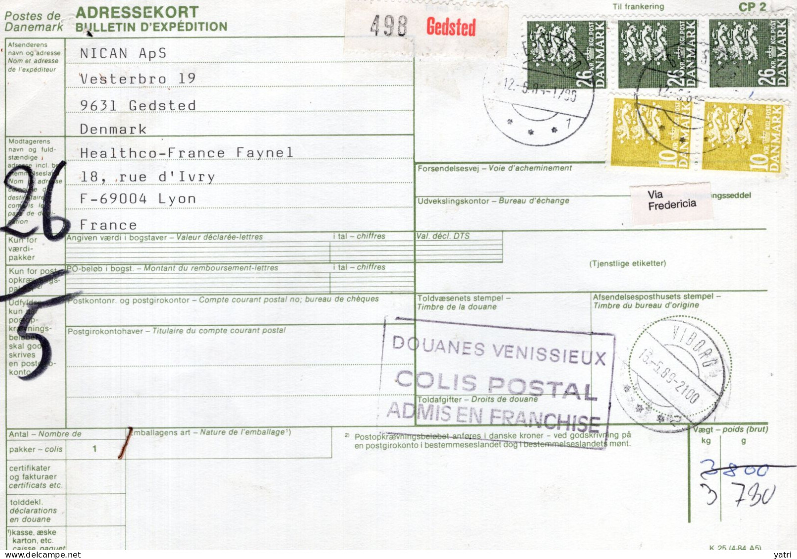 Danimarca (1989) - Bollettino Pacchi Per La Francia - Cartas & Documentos