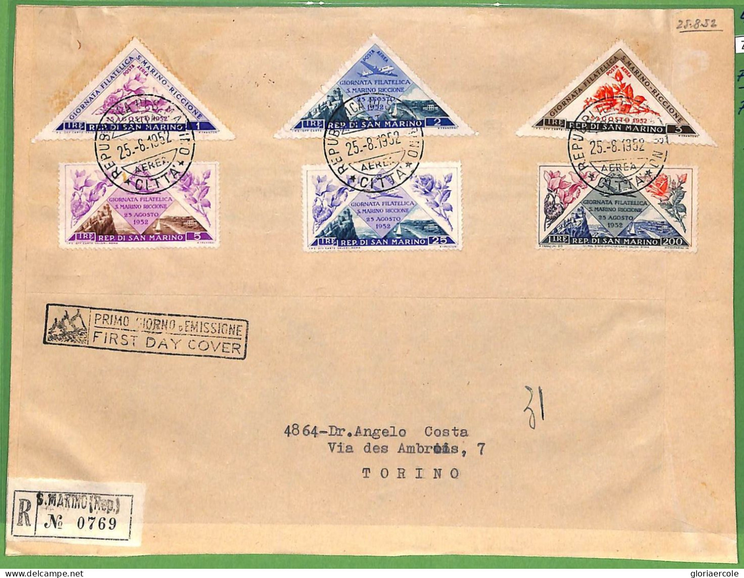 ZA1602 - SAN MARINO  Storia Postale - FDC COVER  Primo Giorno FLOWERS  1952 - FDC