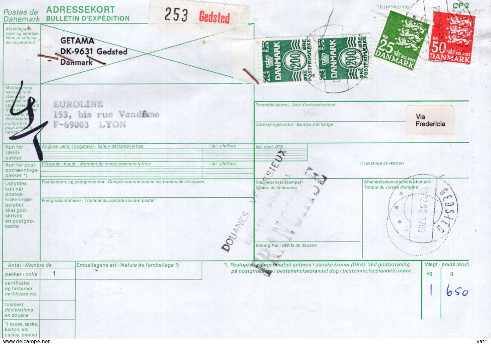 Danimarca (1990) - Bollettino Pacchi Per La Francia - Storia Postale