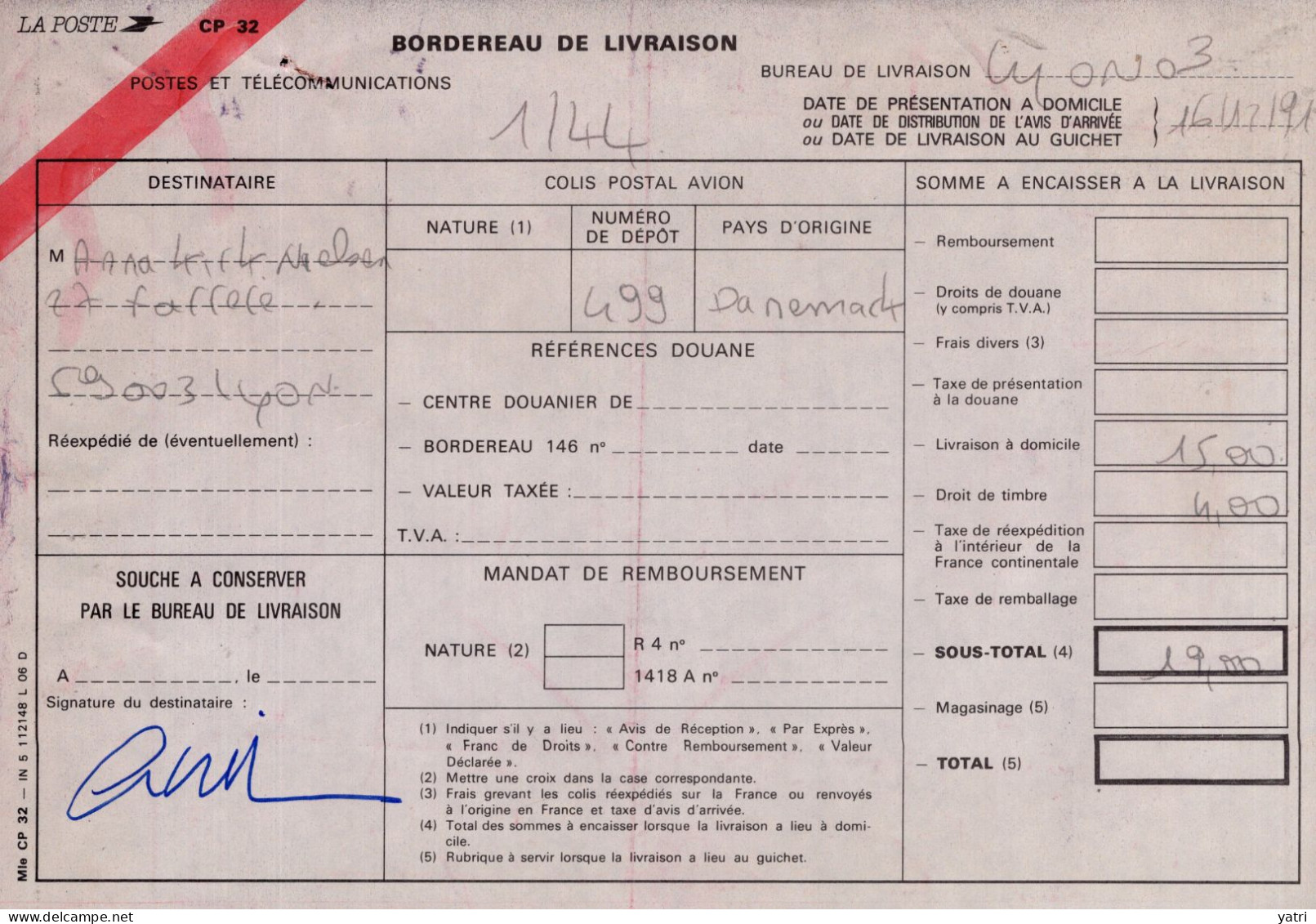 Danimarca (1991) - Bollettino Pacchi Per La Francia, Con Ricevuta Di Consegna - Covers & Documents