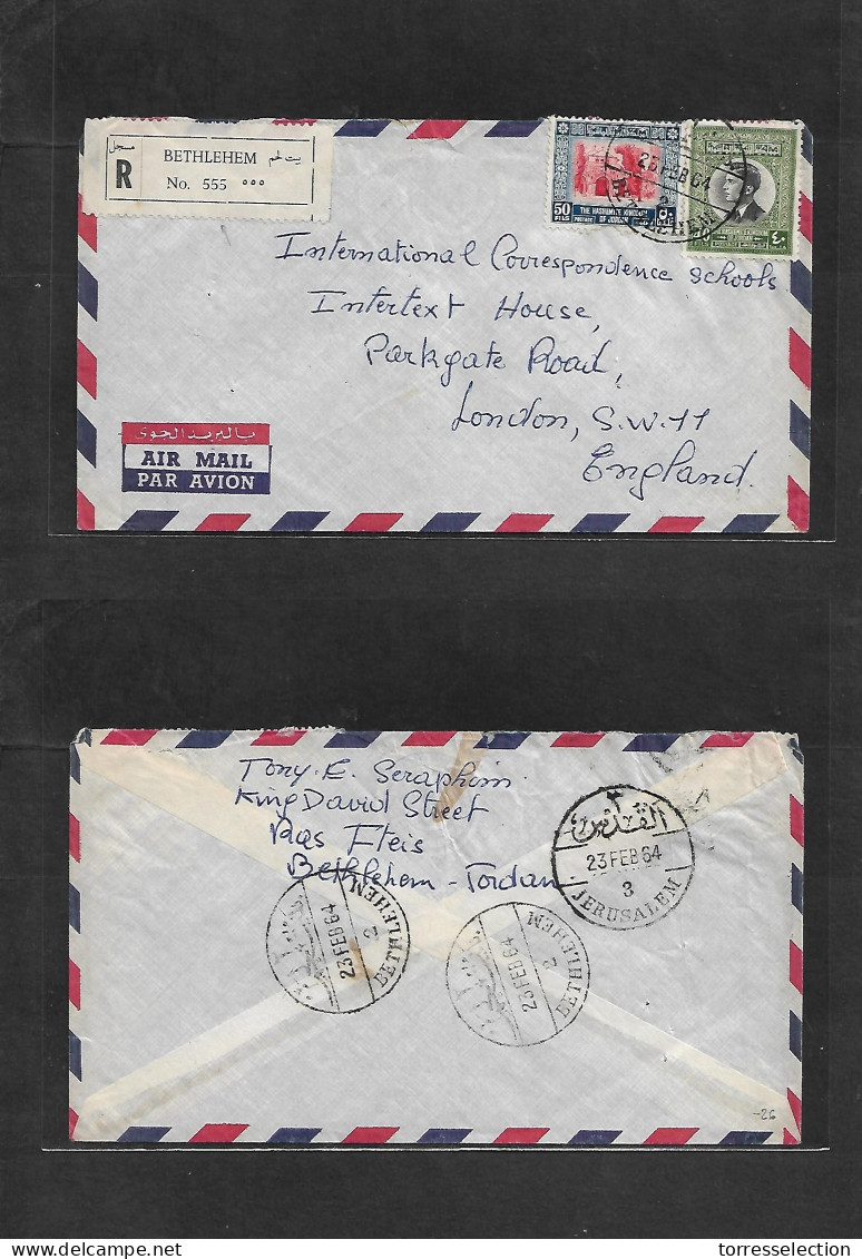 JORDAN. 1964 (25 Feb) Palestine, Bethlehem - UK, London. Registered Air Multifkd Envelope + Reverse Transited. VF. - Jordanien