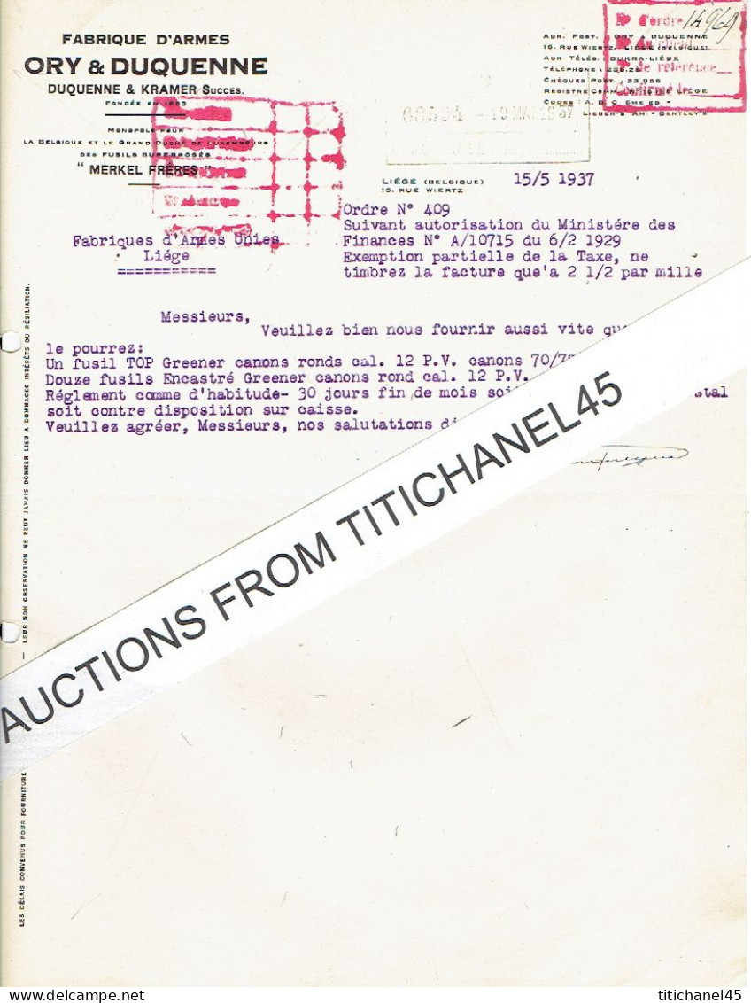 1937 LIEGE - ORY & DUQUENNE - Fabrique D'armes - Autres & Non Classés