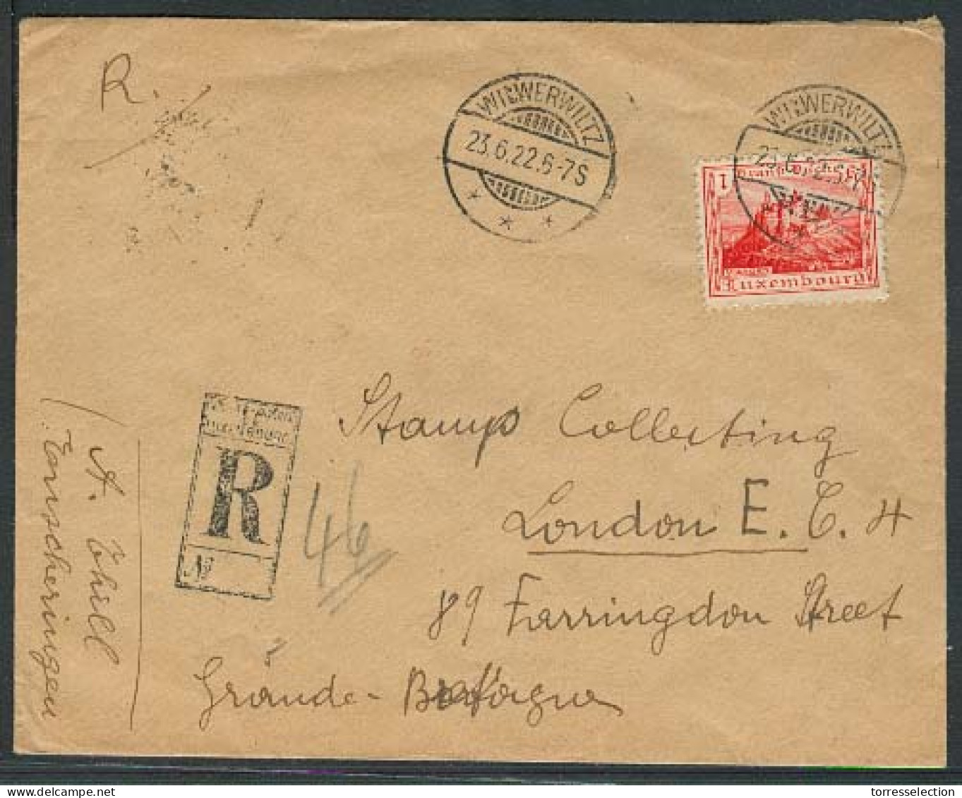 LUXEMBOURG. 1922 (23 June). Wilwerwiltz - UK. Reg Fkd 1fr Stamp Single. VF. - Altri & Non Classificati