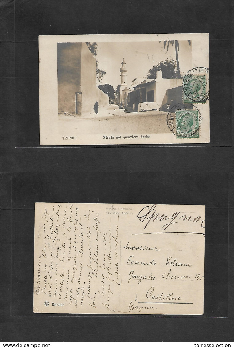 LIBIA. 1912 (4 July) Italian Postal Admin. Tripoli - Spain, Castellon De La Plana. Servizione Riunite Multifkd Ppc Addre - Libyen