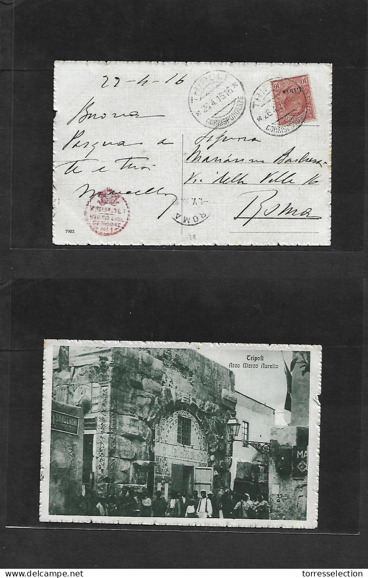 LIBIA. 1916 (26 Apr) Italian Post Office. Tripoli - Roma (1 May) Ovptd Issue Fkd Ppc + Red Censor Cachet With Arrival Cd - Libyen