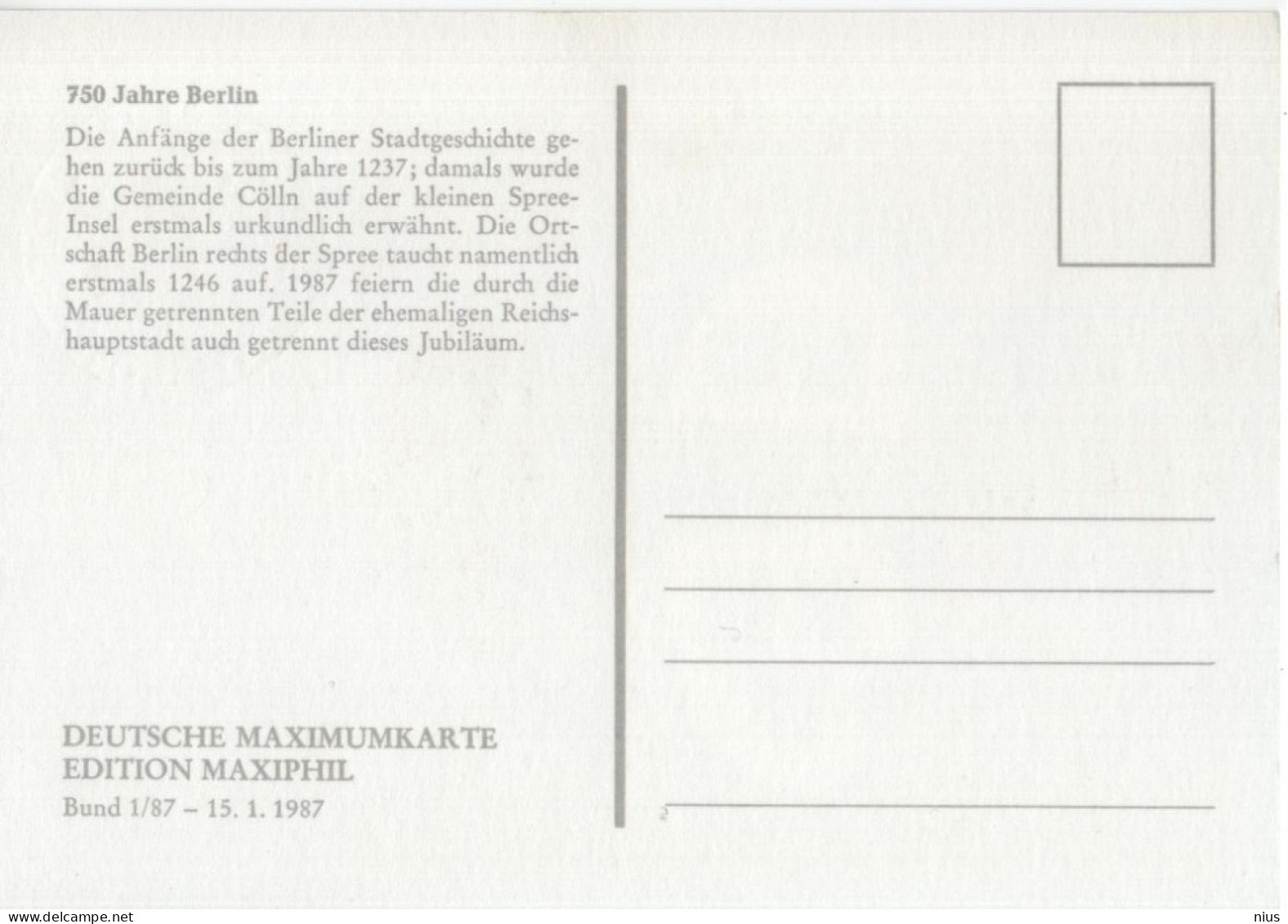 Germany Deutschland 1987 Maximum Card, 750 Jahre Berlin, Canceled In Bonn - 1981-2000