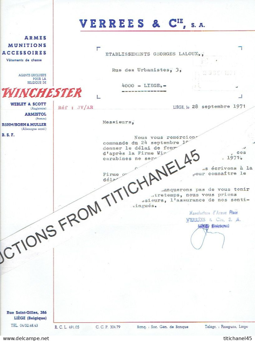 1971 LIEGE - VERREES & Cie SA - Fabricant D'armes Et Munitions - Autres & Non Classés