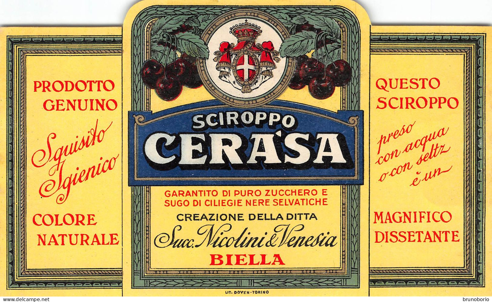 00034 "SCIROPPO CERASA - DITTA SUCC. NICOLINI & VENESIA-BIELLA - PRODOTTO GENUINO, COLORE NATURALE, DISSETANTE" ETICH. - Limonades & Frisdranken