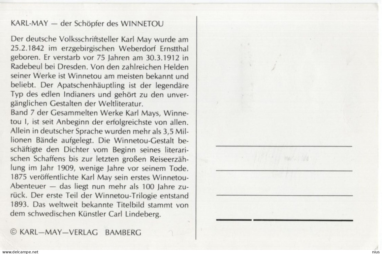 Germany Deutschland 1987 Maximum Card, Karl May, Author Writer, Winnetou, Canceled In Bamberg - 1981-2000