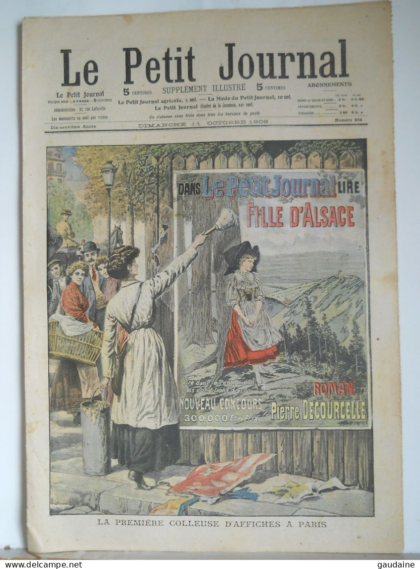 LE PETIT JOURNAL N°934 - 11 OCTOBRE 1908 -  COLLEUSE D'AFFICHE ALSACE - CHINE - SUPPLICE CHINOIS A KHARBIN - CHINA - Le Petit Journal