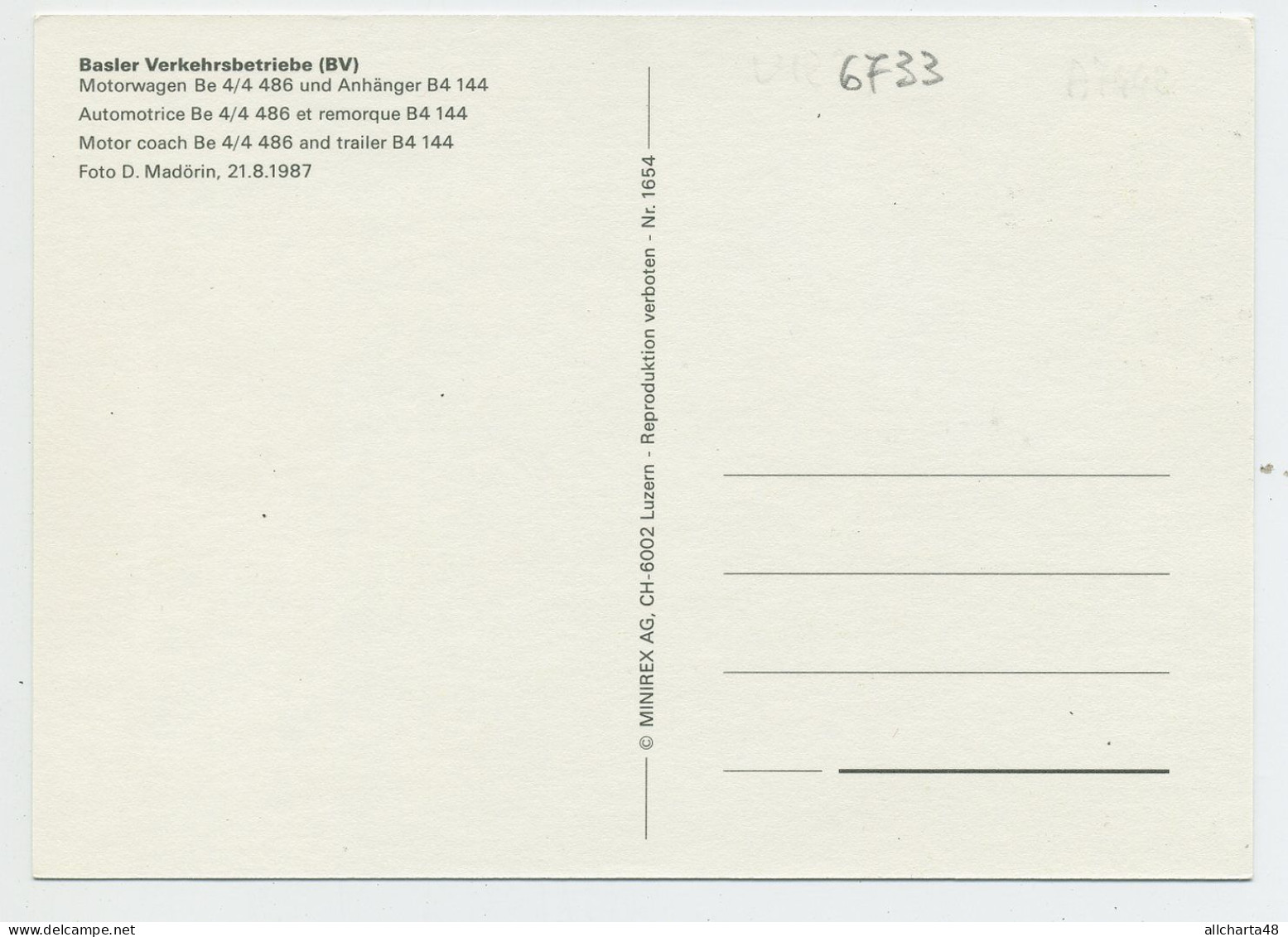 D6733] Svizzera BASILEA BASEL - TRAM Be 4/4 488 CON RIMORCHIO B4 144 LINEA 3 Anno 1987 Tramway Strassenbahn - Strassenbahnen