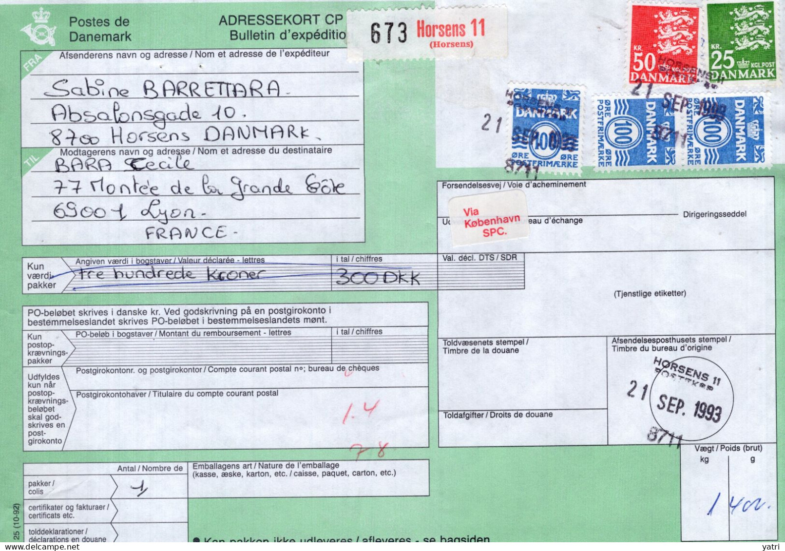 Danimarca (1993) - Bollettino Pacchi Per La Francia, Con Ricevuta Di Consegna - Brieven En Documenten