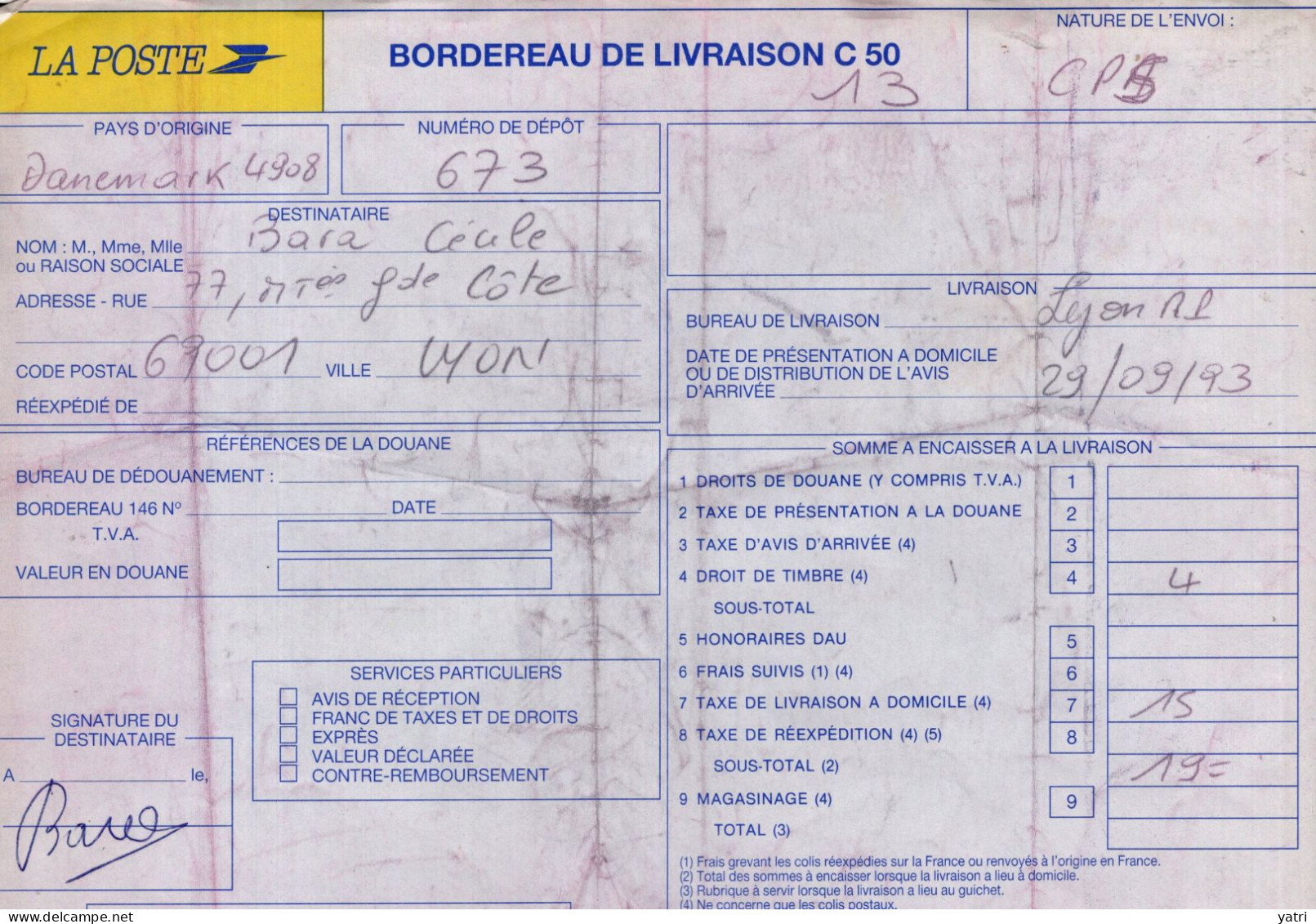 Danimarca (1993) - Bollettino Pacchi Per La Francia, Con Ricevuta Di Consegna - Storia Postale