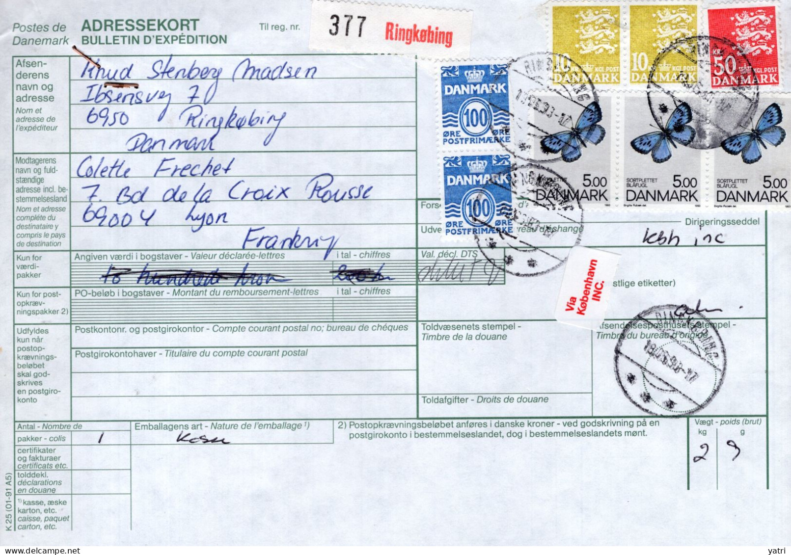 Danimarca (1993) - Bollettino Pacchi Per La Francia, Con Ricevuta Di Consegna - Cartas & Documentos