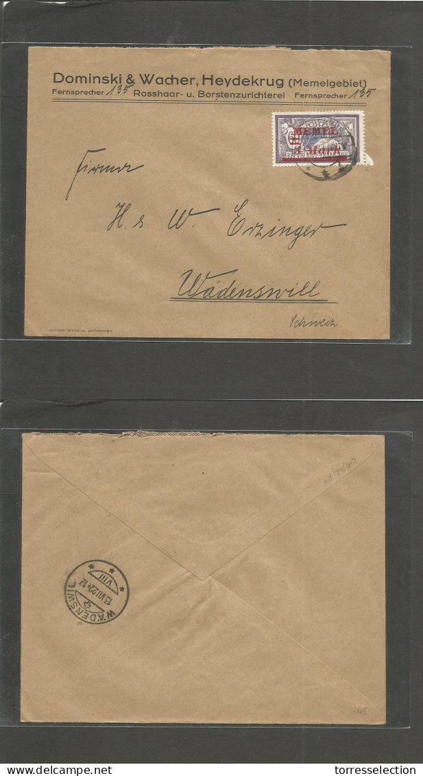 Memel. 1922 (11 July) Heydekrug - Switzerland, Wadenswel. Single 3 Mark / 60c Ovptd Issue. Comercial Correspondence. VF. - Andere & Zonder Classificatie