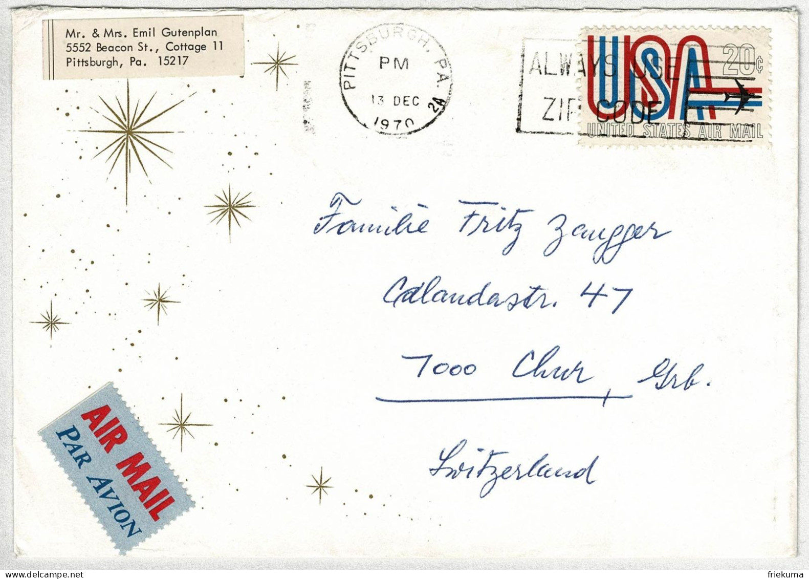 Vereinigte Staaten / USA 1970, Air Mail Pittsburgh - Chur (Schweiz) - Cartas & Documentos