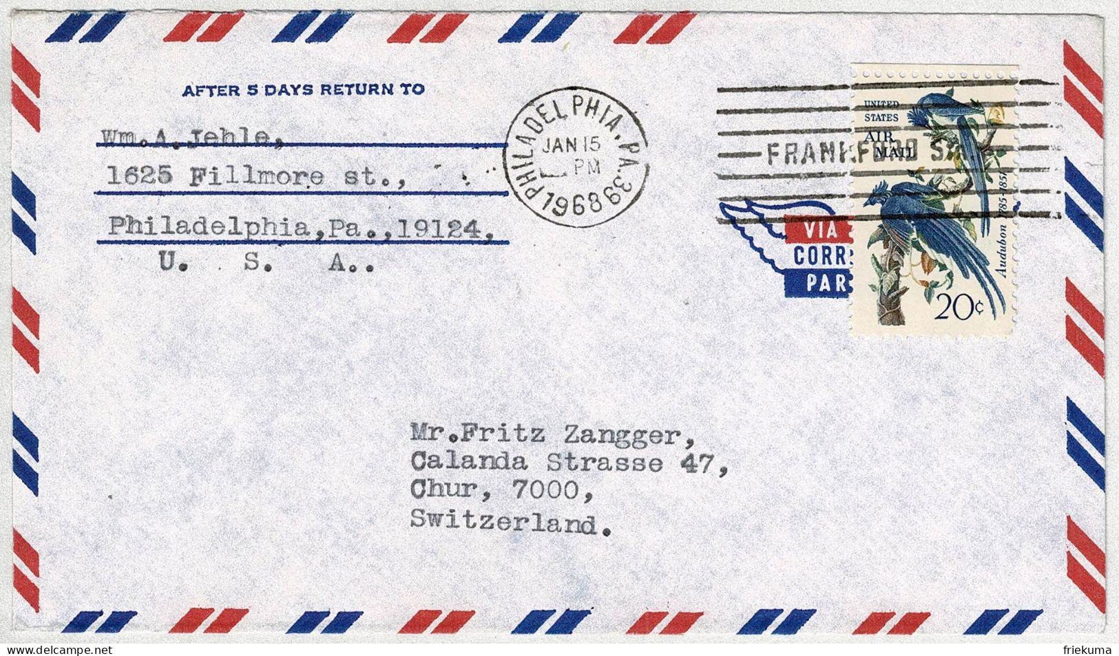 Vereinigte Staaten / USA 1968, Air Mail Philadelphia - Chur (Schweiz) - Briefe U. Dokumente