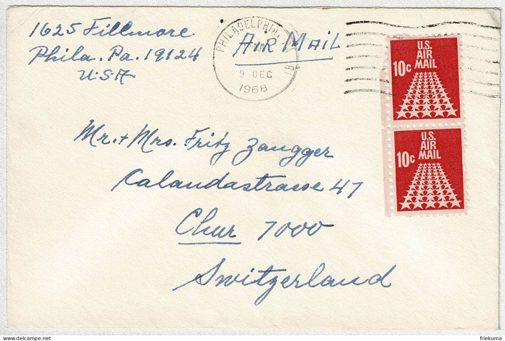 Vereinigte Staaten / USA 1968, Air Mail Philadelphia - Chur (Schweiz) - Lettres & Documents