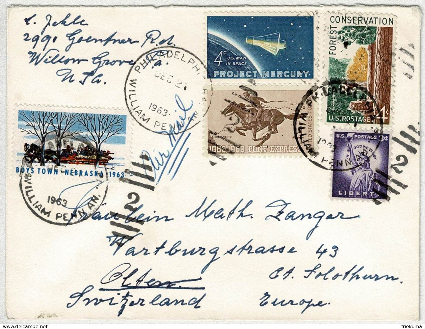 Vereinigte Staaten / USA 1963, Air Mail Philadelphia - Olten (Schweiz) - Covers & Documents