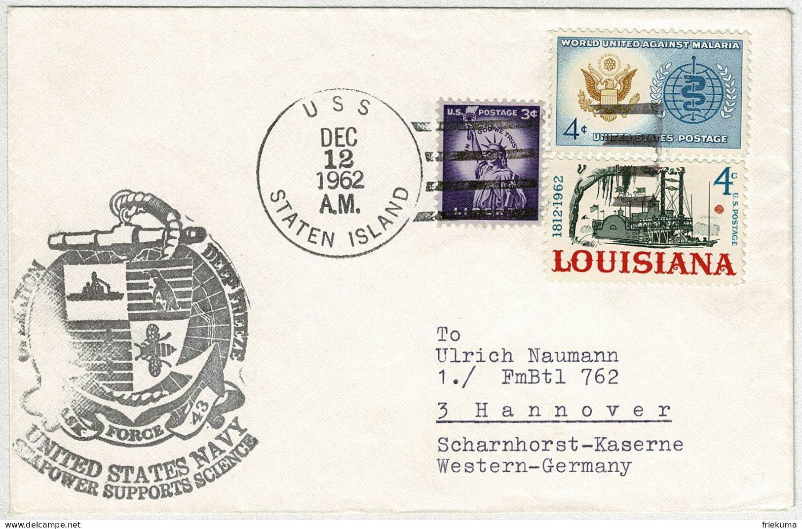 Vereinigte Staaten / USA 1962, Brief USS Staten Island - Hannover, Navy - Briefe U. Dokumente