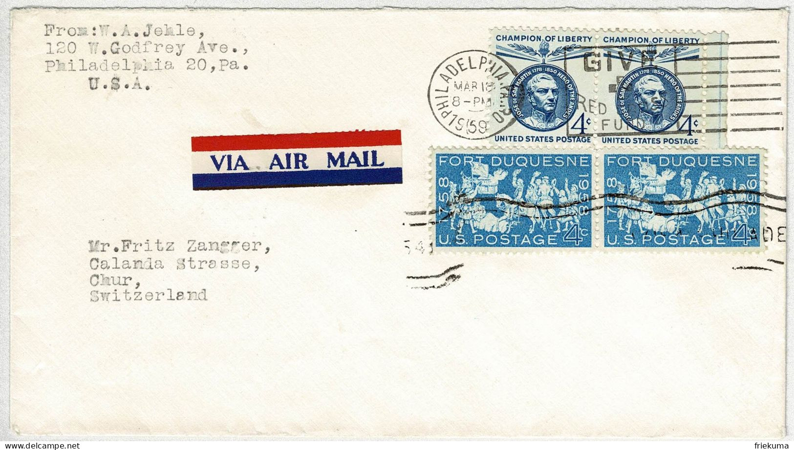 Vereinigte Staaten / USA 1959, Air Mail Philadelphia - Chur (Schweiz) - Covers & Documents