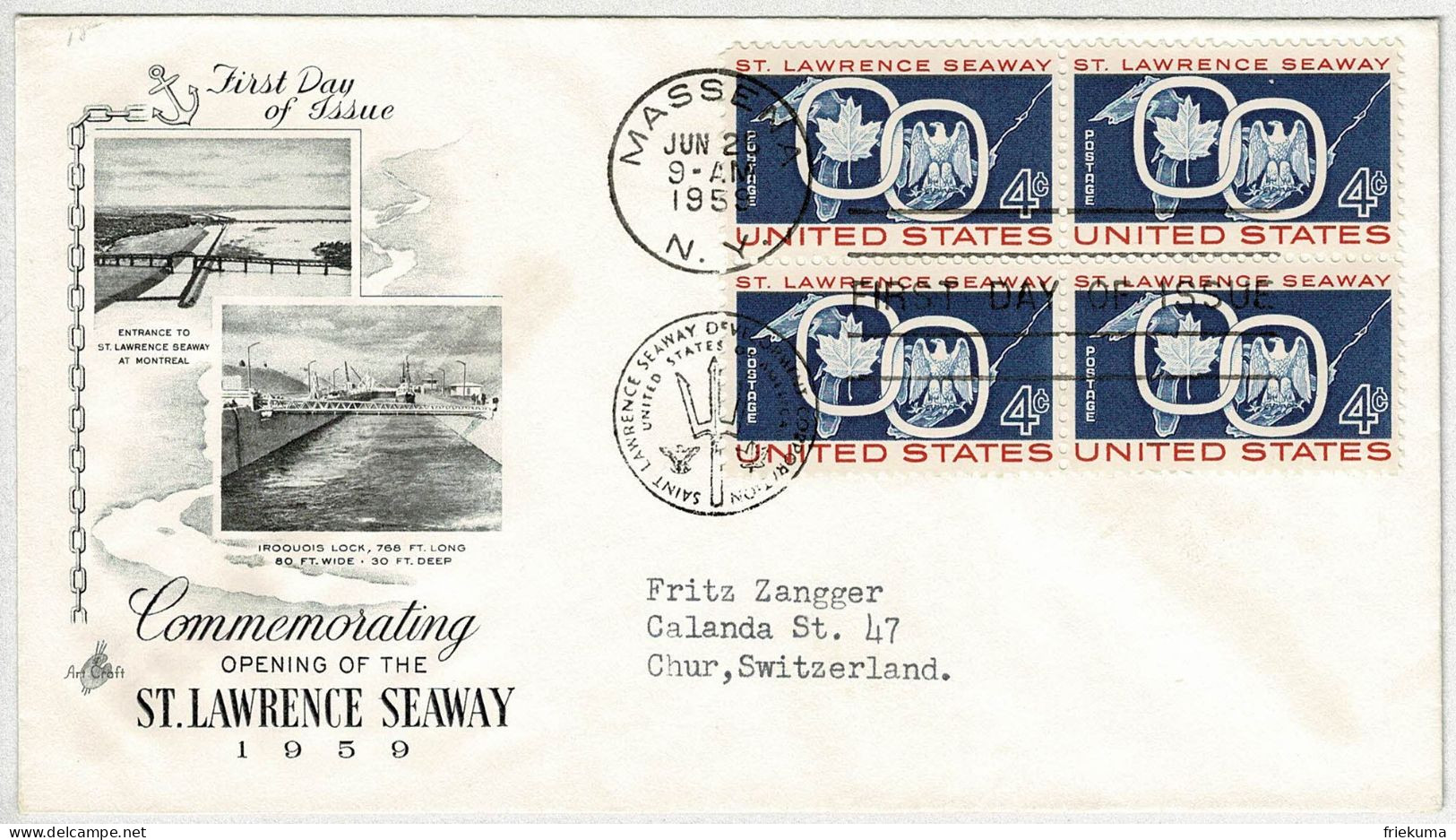 Vereinigte Staaten / USA 1959, Brief Ersttag St. Lawrence Seaway Massena - Chur (Schweiz) - Briefe U. Dokumente