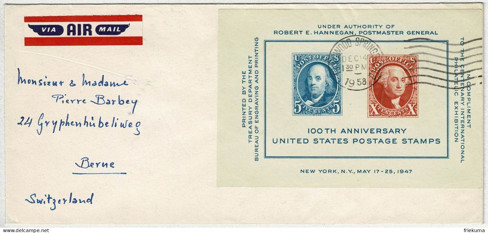 Vereinigte Staaten / USA 1958, Brief Air Mail Glenwood Springs - Bern (Schweiz), Anniversary Postage Stamps - Blocs-feuillets