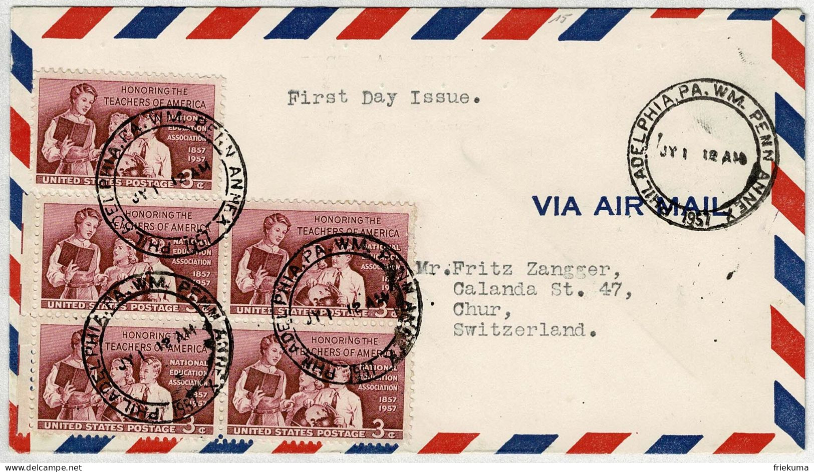 Vereinigte Staaten / USA 1957, Brief Ersttag Honoring The Teachers Of America Air Mail Philadelphia - Chur (Schweiz) - Brieven En Documenten