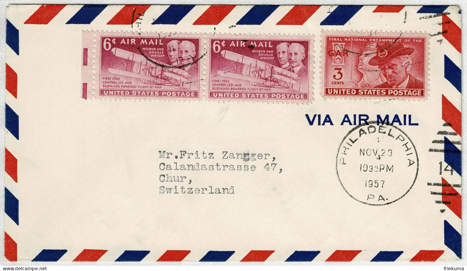 Vereinigte Staaten / USA 1957, Air Mail Philadelphia - Chur (Schweiz) - Cartas & Documentos