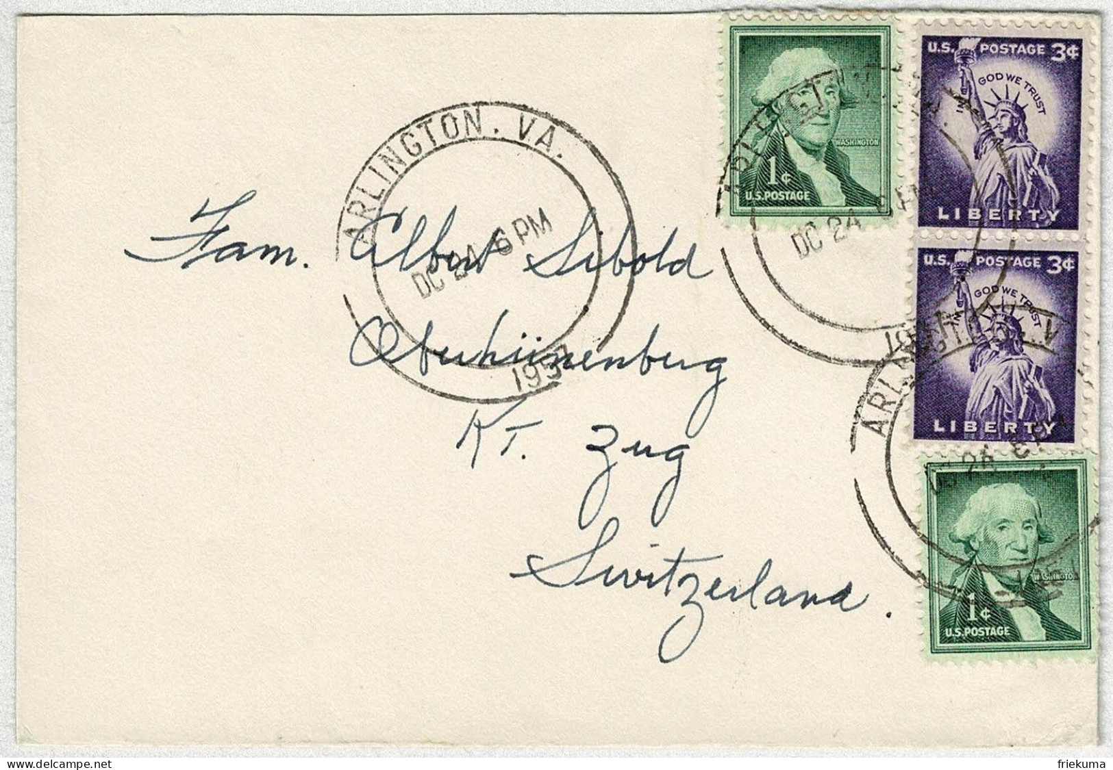 Vereinigte Staaten / USA 1957, Brief Arlington - Oberhünenberg (Schweiz) - Cartas & Documentos