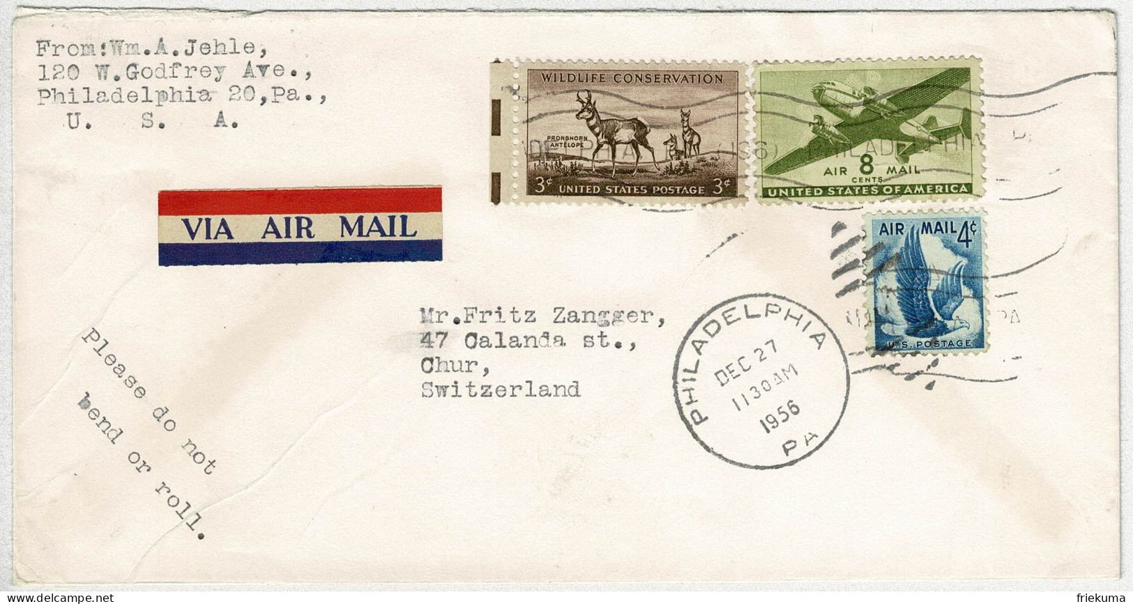Vereinigte Staaten / USA 1956, Air Mail Philadelphia - Chur (Schweiz)  - Brieven En Documenten