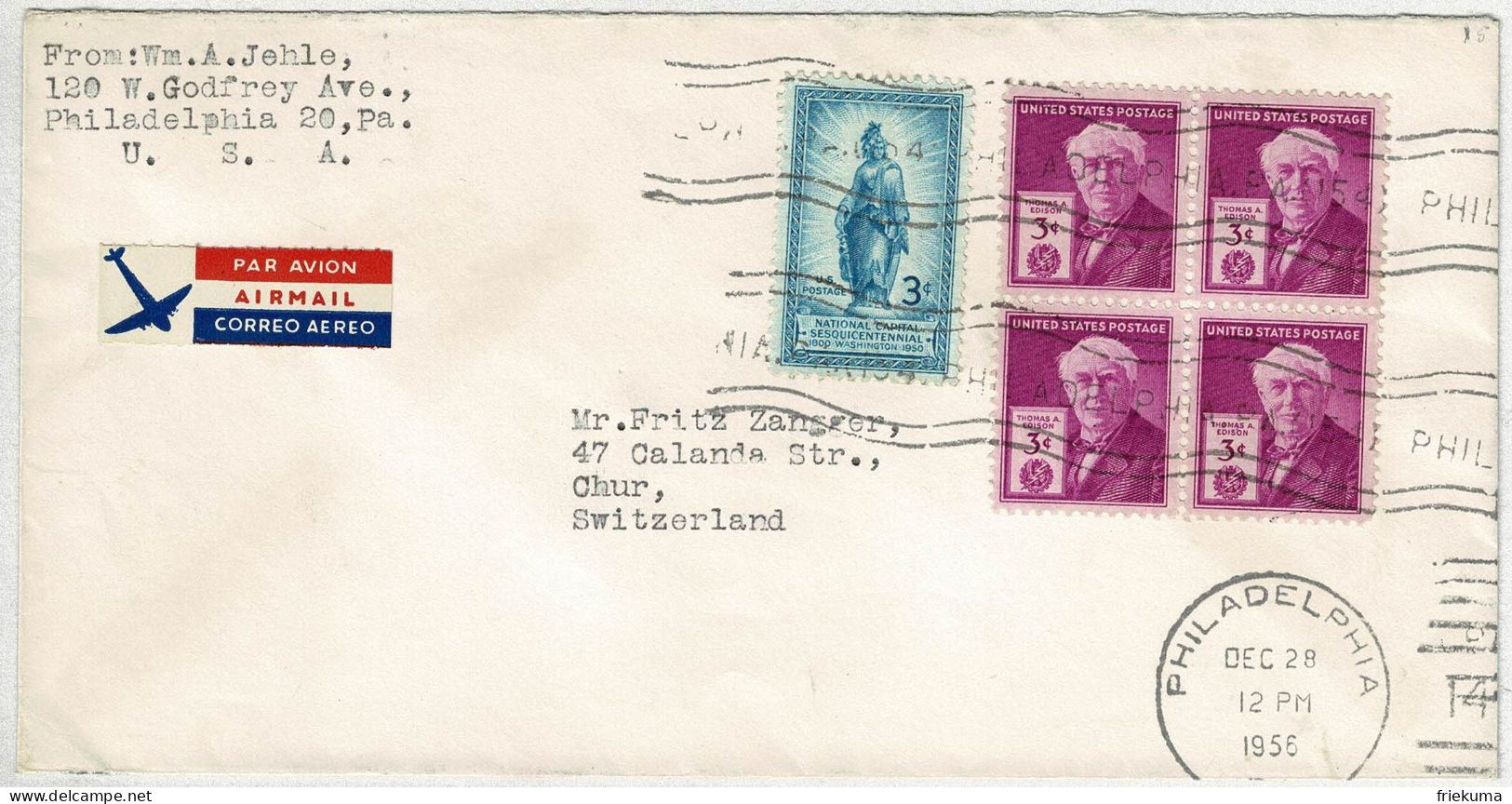 Vereinigte Staaten / USA 1956, Air Mail Philadelphia - Chur (Schweiz)  - Covers & Documents